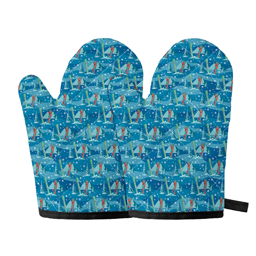 Ski And Snowboard Pattern Print Oven Mitts
