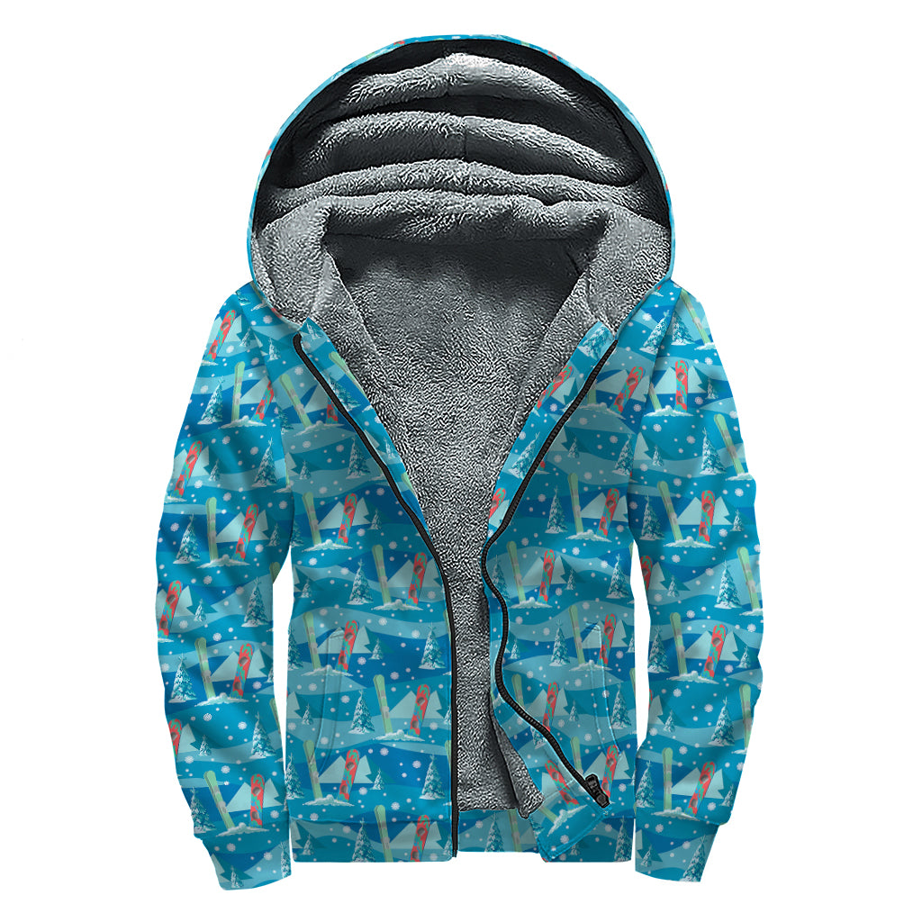 Ski And Snowboard Pattern Print Sherpa Lined Zip Up Hoodie