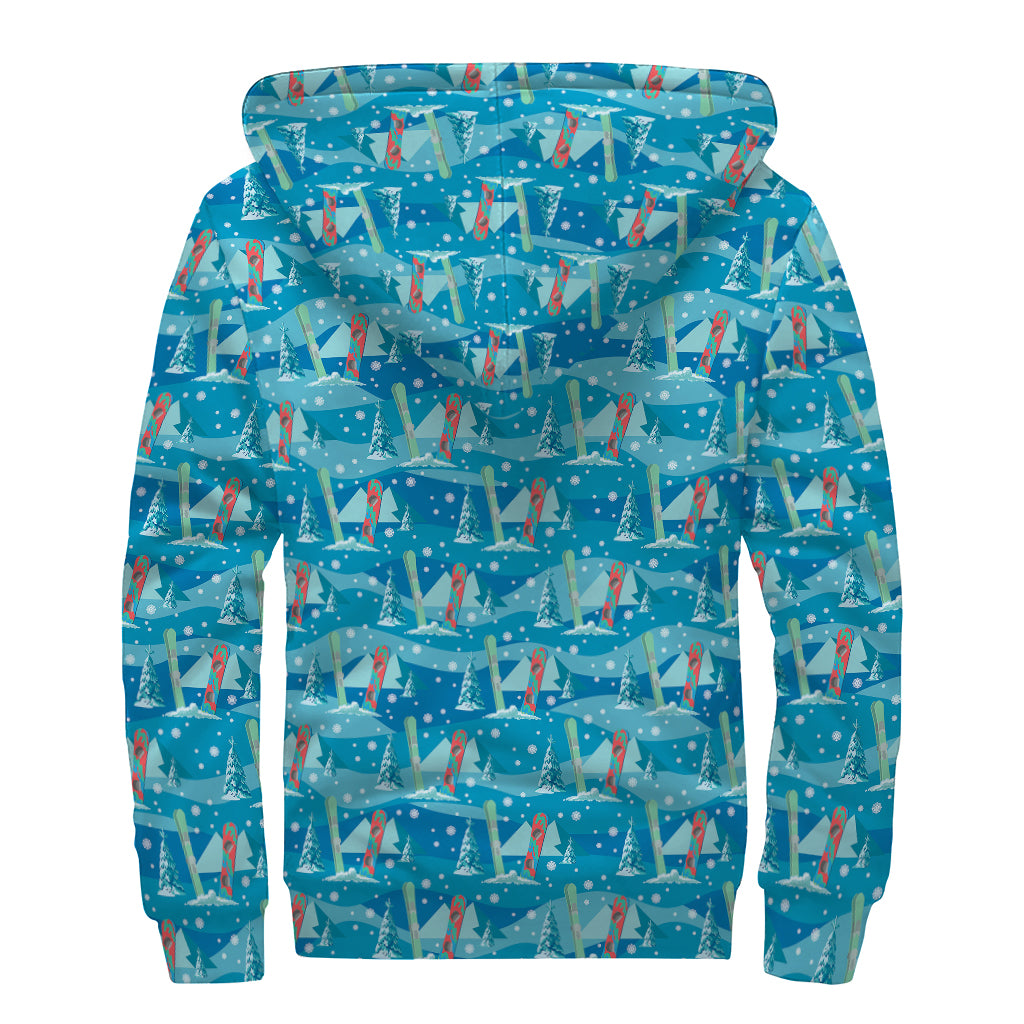 Ski And Snowboard Pattern Print Sherpa Lined Zip Up Hoodie