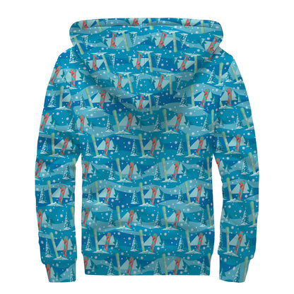 Ski And Snowboard Pattern Print Sherpa Lined Zip Up Hoodie