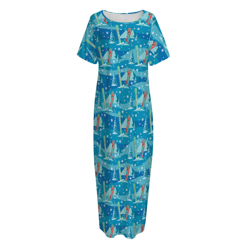 Ski And Snowboard Pattern Print Short Sleeve Long Nightdress