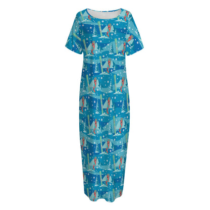 Ski And Snowboard Pattern Print Short Sleeve Long Nightdress