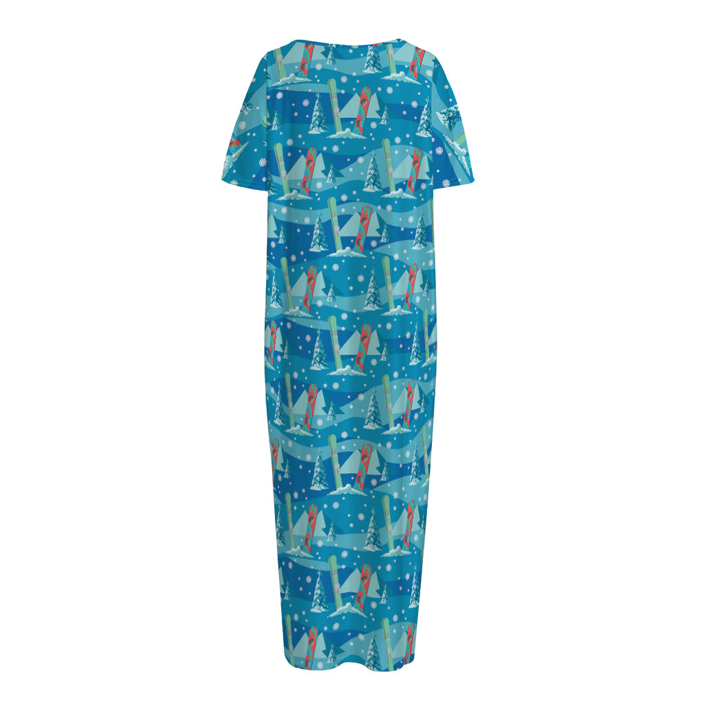 Ski And Snowboard Pattern Print Short Sleeve Long Nightdress