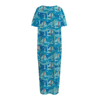 Ski And Snowboard Pattern Print Short Sleeve Long Nightdress