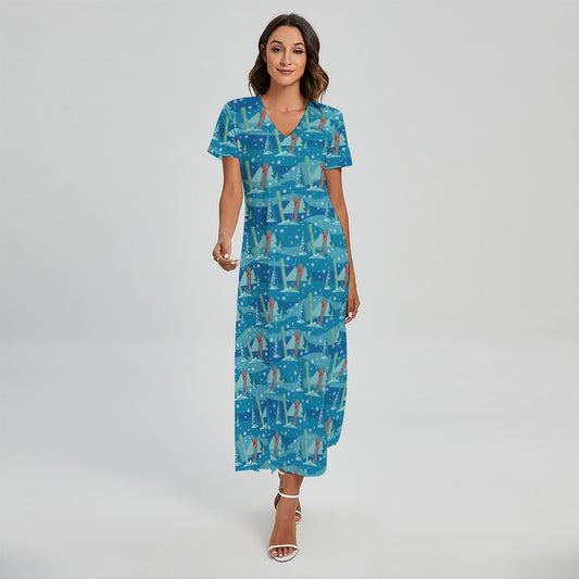 Ski And Snowboard Pattern Print Short Sleeve Maxi Dress