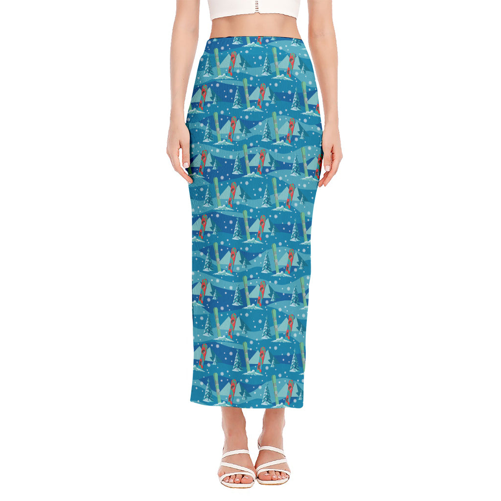 Ski And Snowboard Pattern Print Side Slit Maxi Skirt