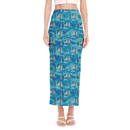 Ski And Snowboard Pattern Print Side Slit Maxi Skirt