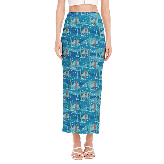Ski And Snowboard Pattern Print Side Slit Maxi Skirt