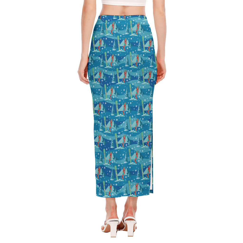 Ski And Snowboard Pattern Print Side Slit Maxi Skirt