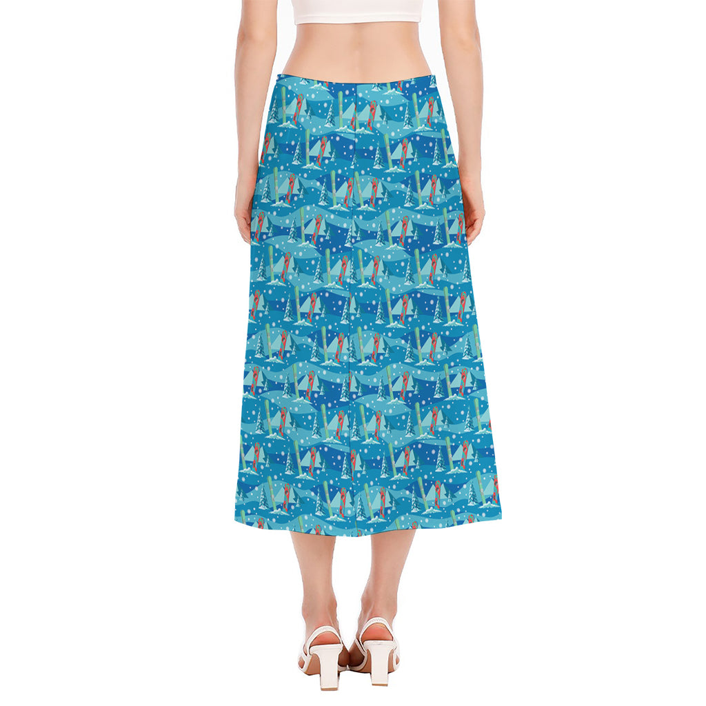 Ski And Snowboard Pattern Print Side Slit Midi Skirt