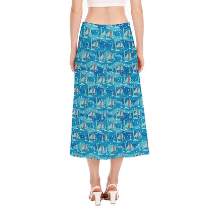 Ski And Snowboard Pattern Print Side Slit Midi Skirt