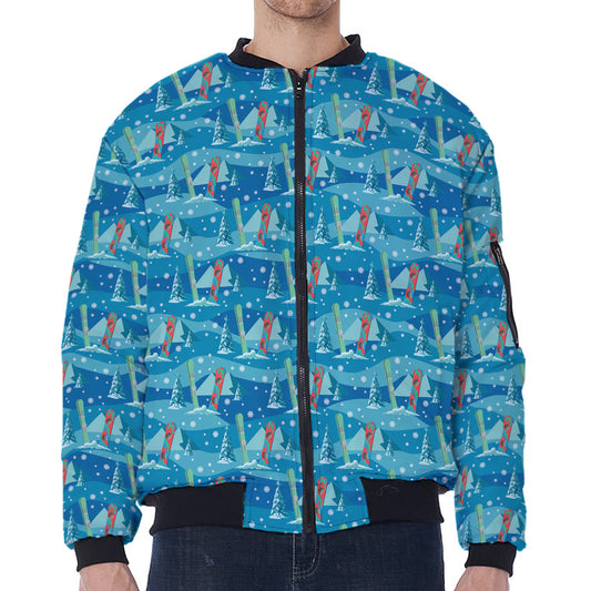 Ski And Snowboard Pattern Print Zip Sleeve Bomber Jacket