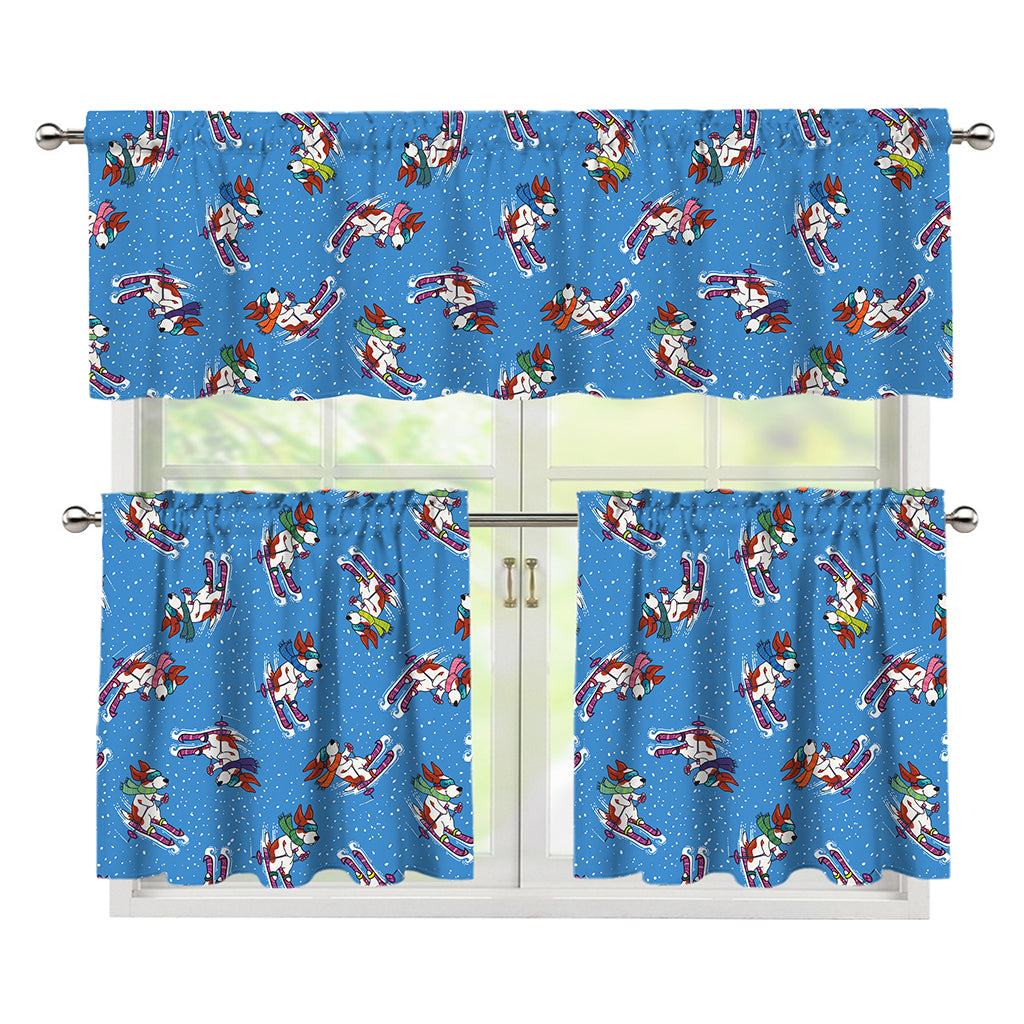 Skiing Dog Pattern Print 3 Piece Kitchen Curtains