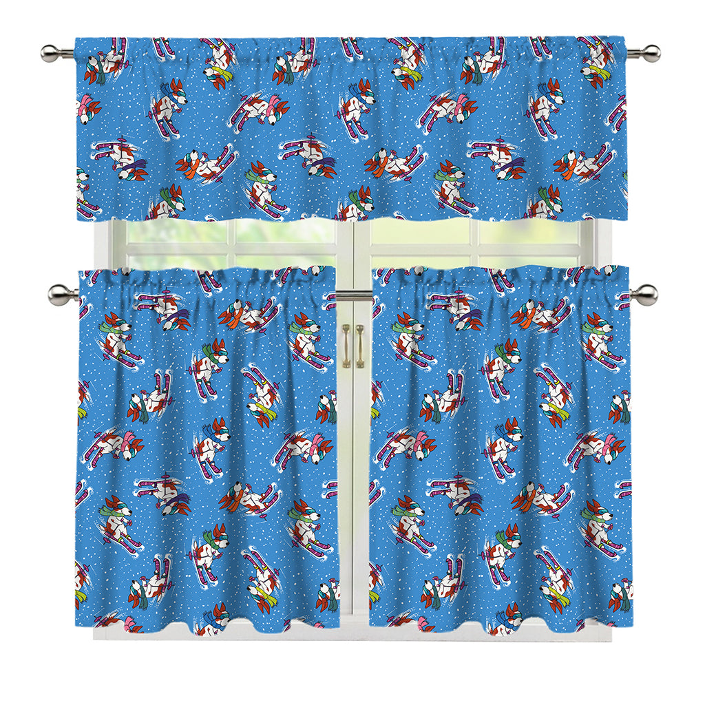 Skiing Dog Pattern Print 3 Piece Kitchen Curtains