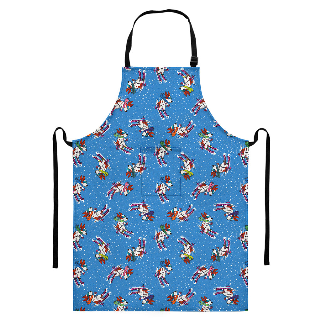 Skiing Dog Pattern Print Bib Apron With Pocket