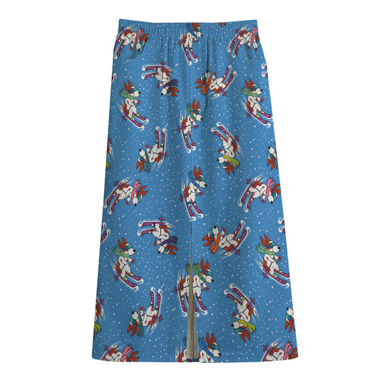 Skiing Dog Pattern Print Cotton Front Slit Maxi Skirt