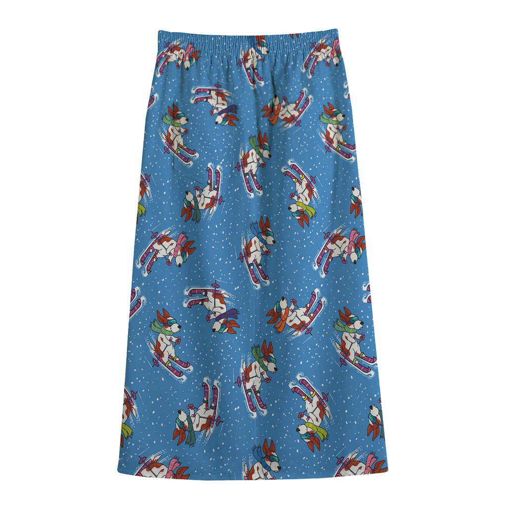 Skiing Dog Pattern Print Cotton Front Slit Maxi Skirt