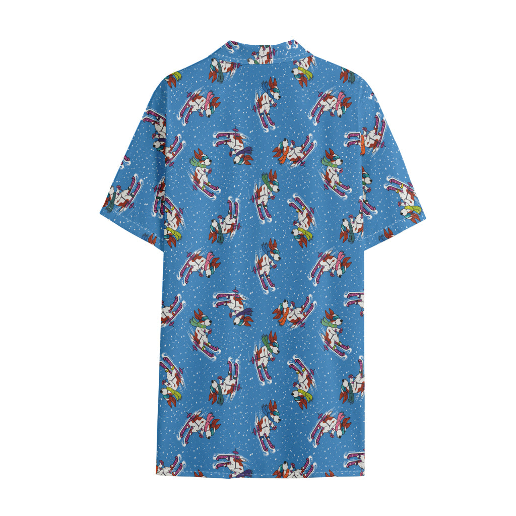 Skiing Dog Pattern Print Cotton Hawaiian Shirt