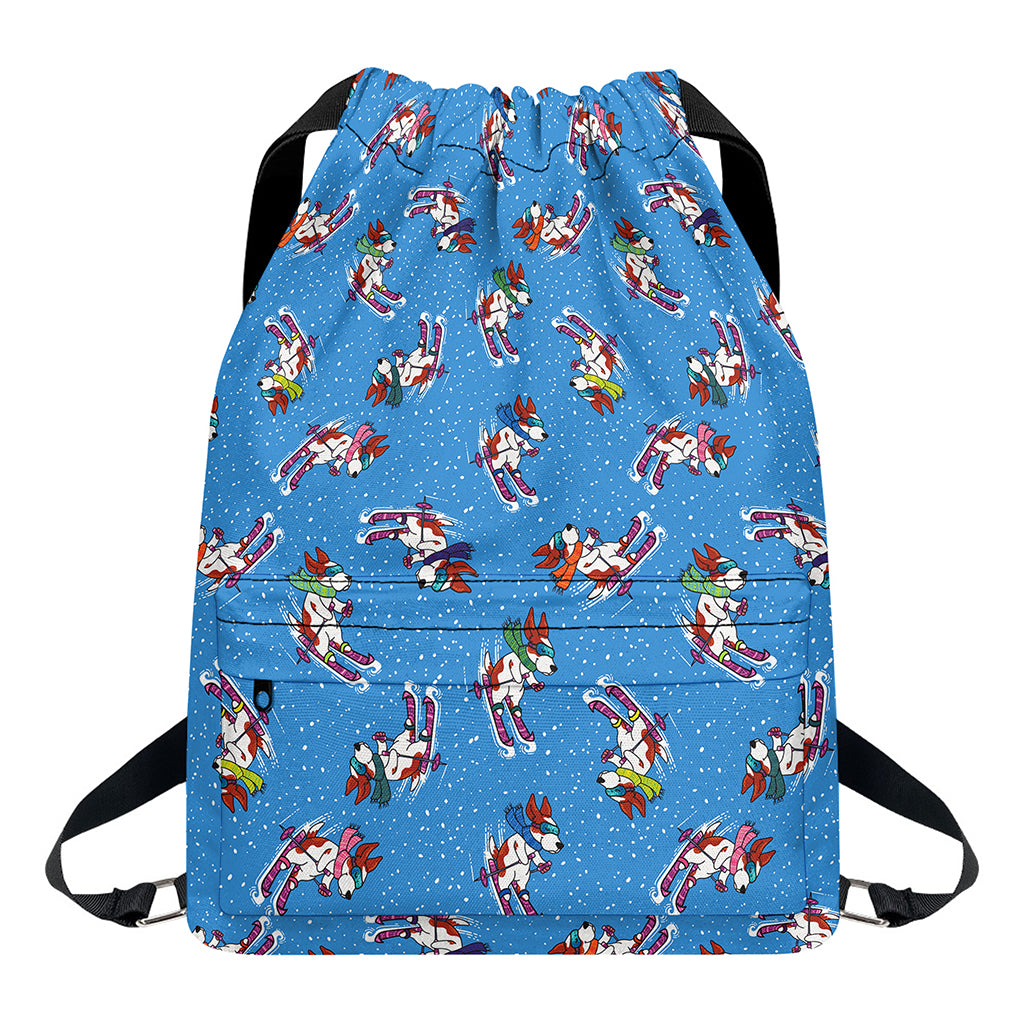 Skiing Dog Pattern Print Drawstring Backpack