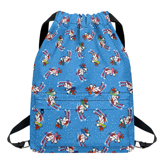 Skiing Dog Pattern Print Drawstring Backpack