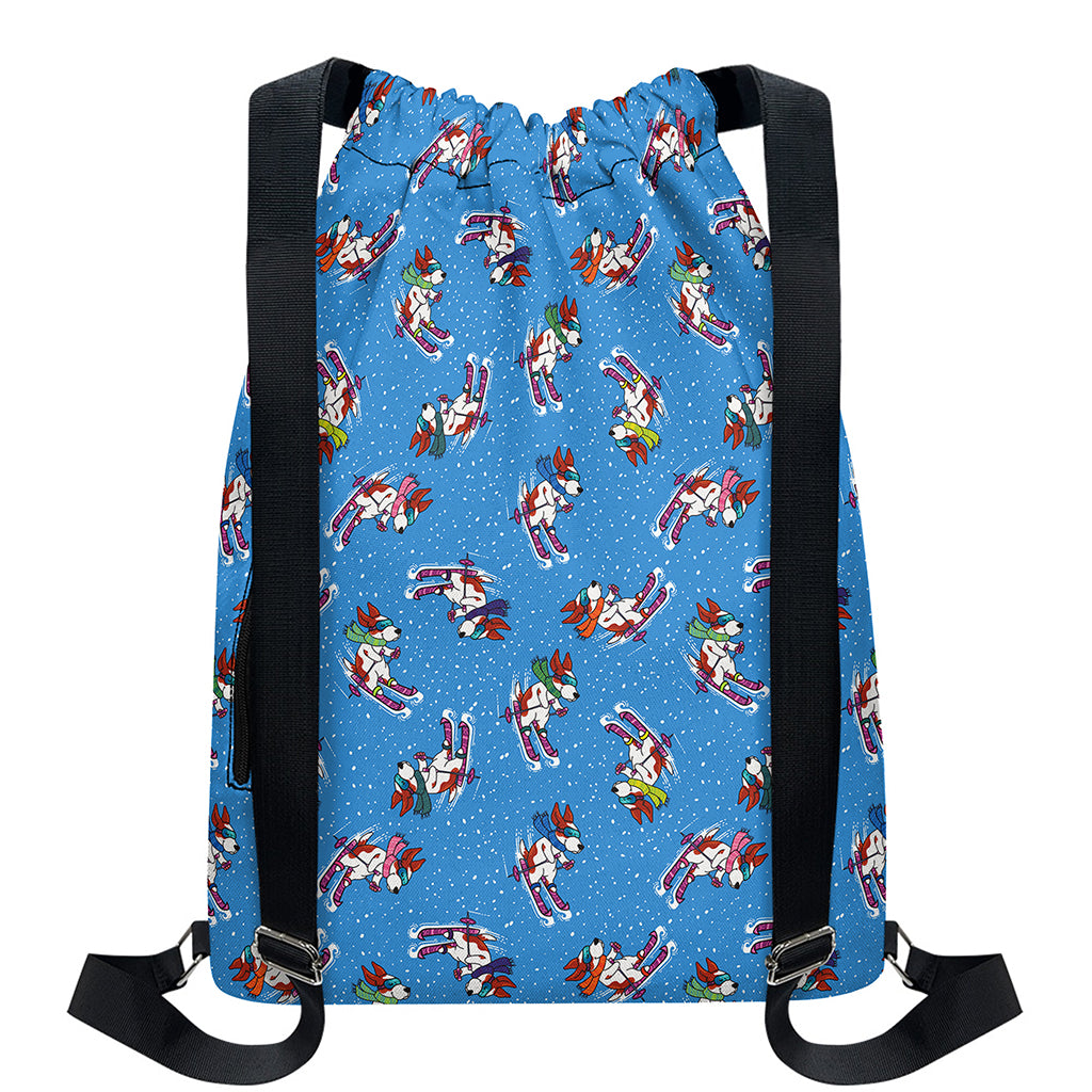 Skiing Dog Pattern Print Drawstring Backpack
