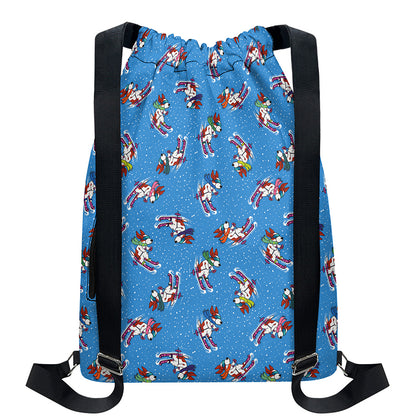 Skiing Dog Pattern Print Drawstring Backpack