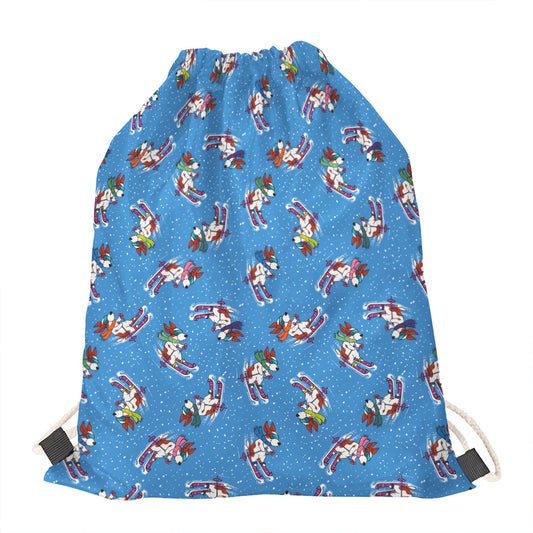 Skiing Dog Pattern Print Drawstring Bag