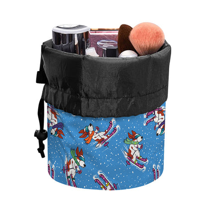 Skiing Dog Pattern Print Drawstring Makeup Bag