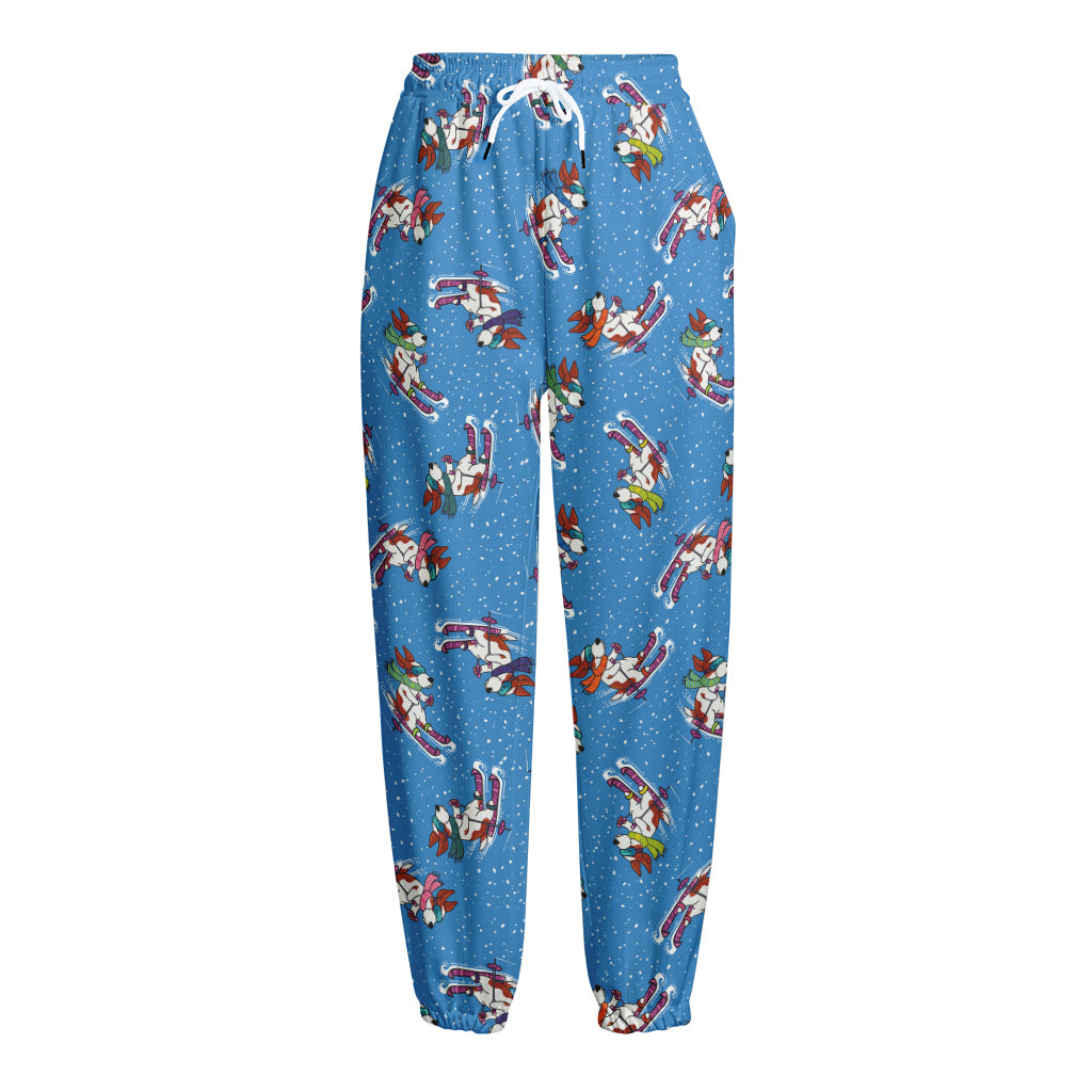 Skiing Dog Pattern Print Fleece Lined Knit Pants