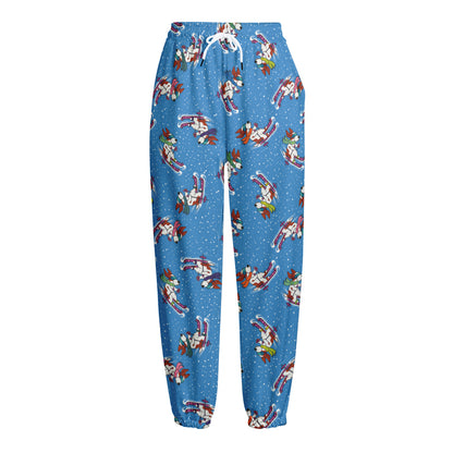 Skiing Dog Pattern Print Fleece Lined Knit Pants