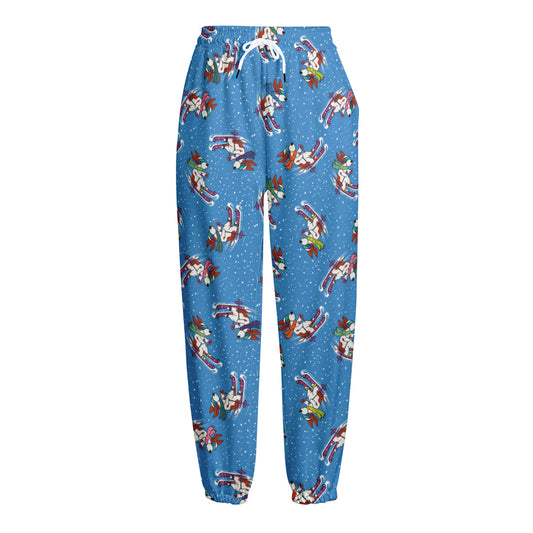 Skiing Dog Pattern Print Fleece Lined Knit Pants