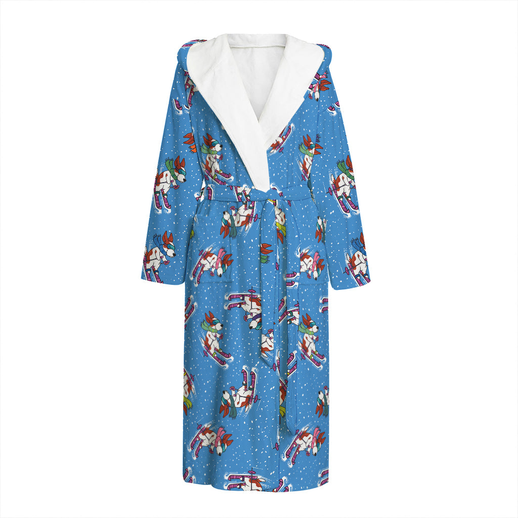 Skiing Dog Pattern Print Hooded Bathrobe