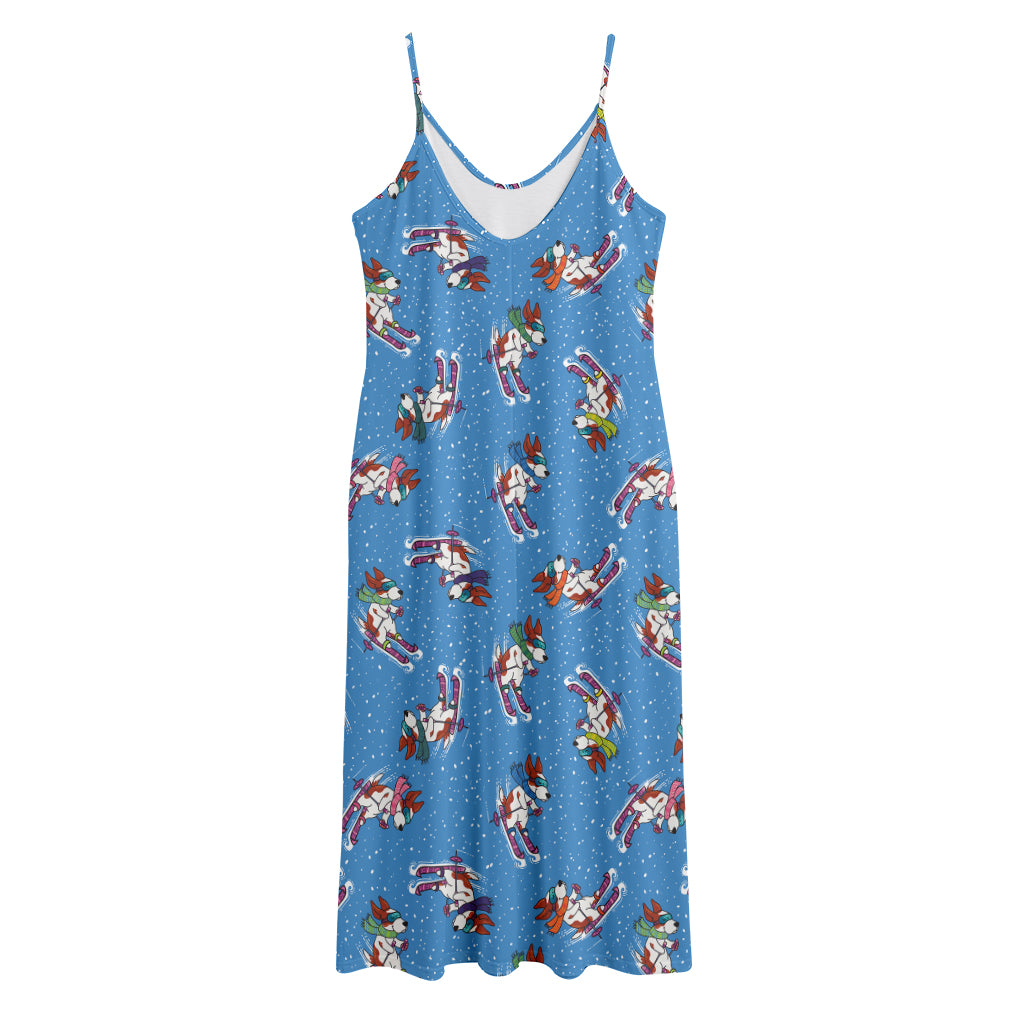 Skiing Dog Pattern Print Jersey Midi Cami Dress
