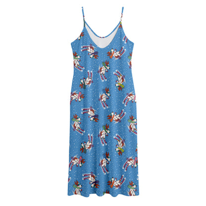 Skiing Dog Pattern Print Jersey Midi Cami Dress