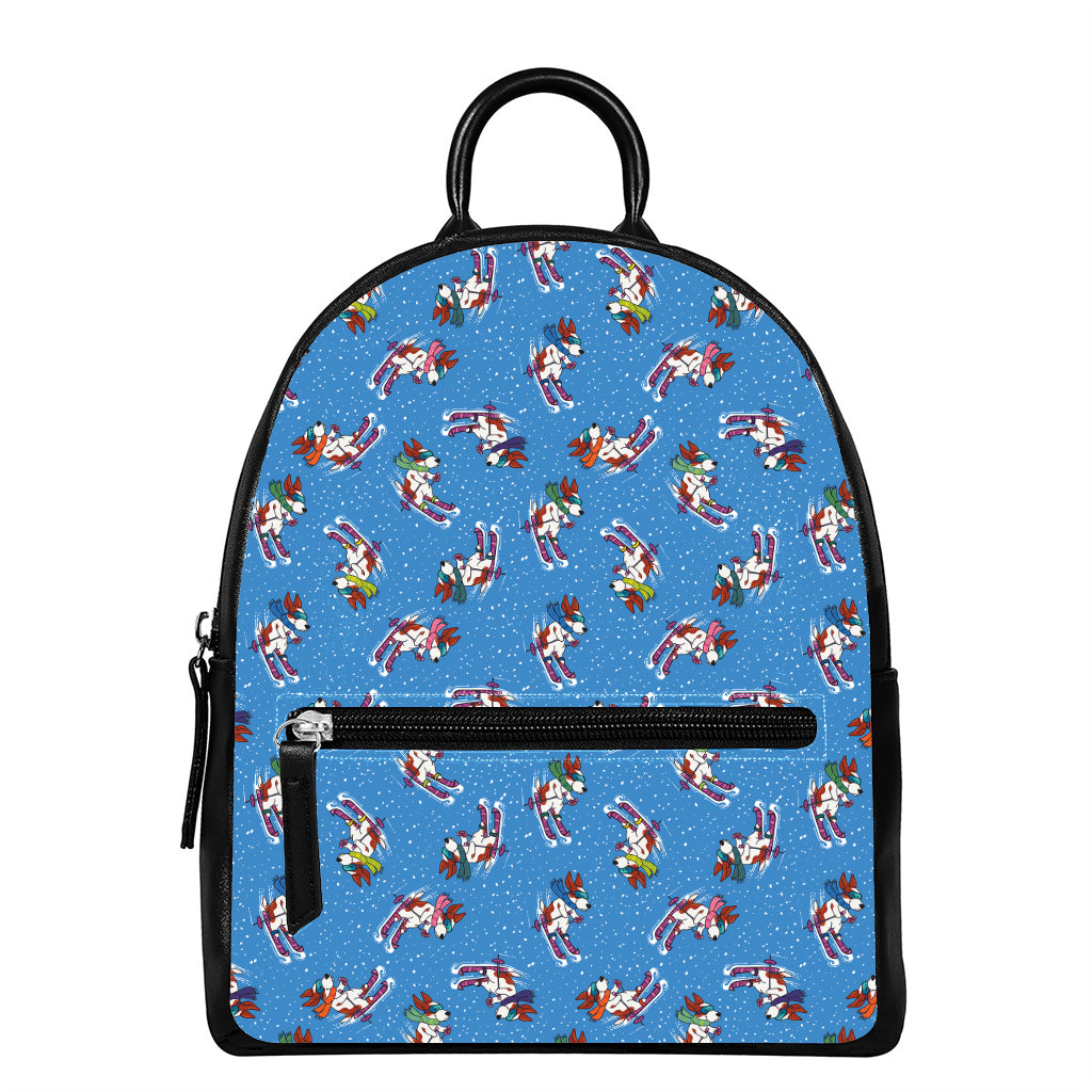 Skiing Dog Pattern Print Leather Backpack