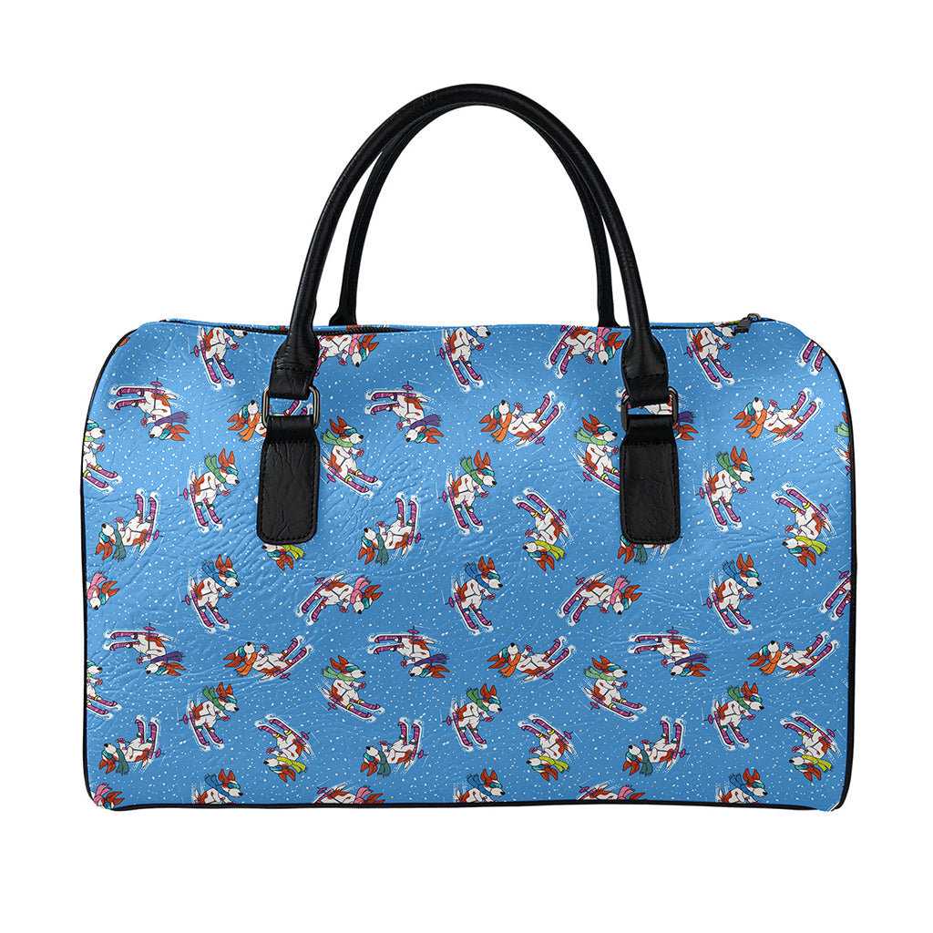 Skiing Dog Pattern Print Leather Duffle Bag
