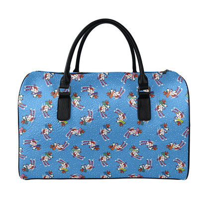 Skiing Dog Pattern Print Leather Duffle Bag