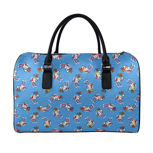 Skiing Dog Pattern Print Leather Duffle Bag