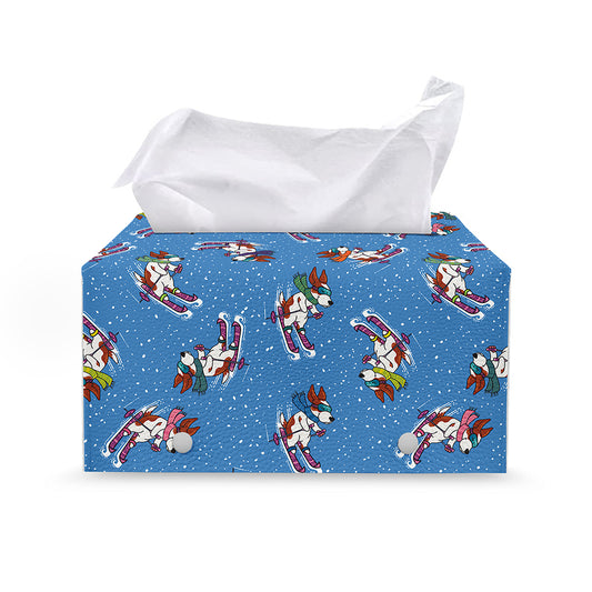 Skiing Dog Pattern Print Leather Tissue Box Cover