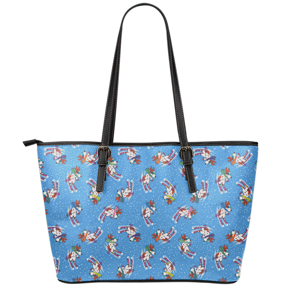 Skiing Dog Pattern Print Leather Tote Bag