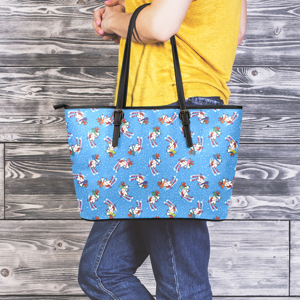 Skiing Dog Pattern Print Leather Tote Bag