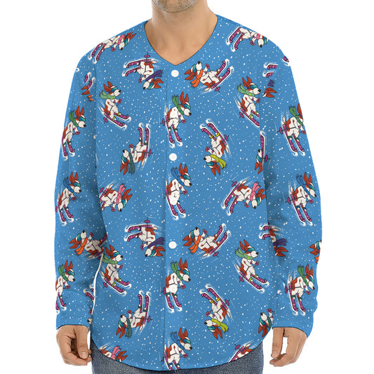 Skiing Dog Pattern Print Long Sleeve Baseball Jersey
