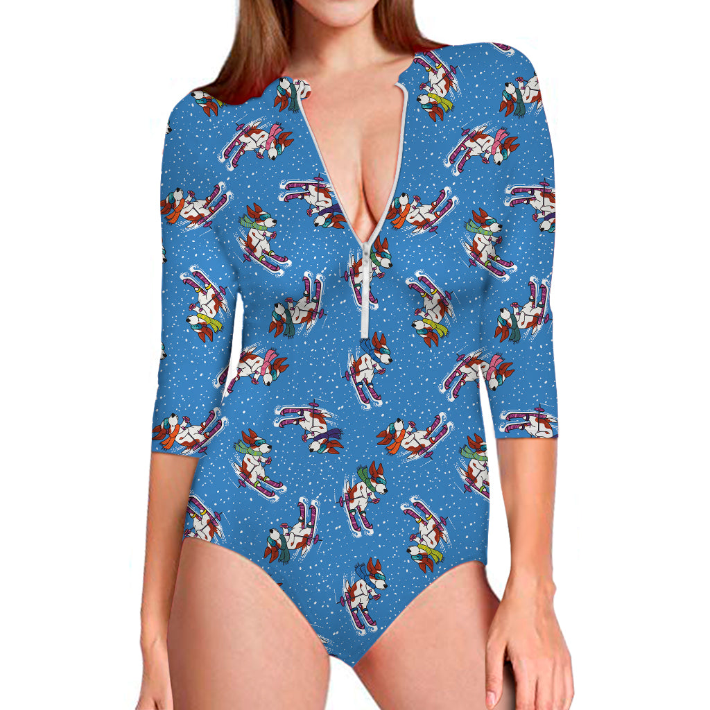 Skiing Dog Pattern Print Long Sleeve Swimsuit