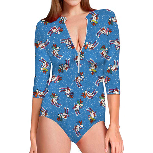 Skiing Dog Pattern Print Long Sleeve Swimsuit