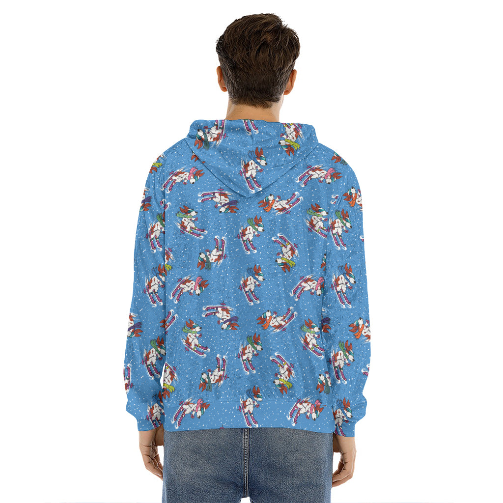Skiing Dog Pattern Print Men's Velvet Pullover Hoodie