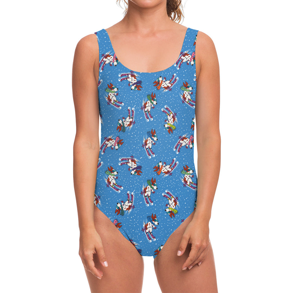 Skiing Dog Pattern Print One Piece Swimsuit