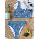 Skiing Dog Pattern Print One Shoulder Bikini Top