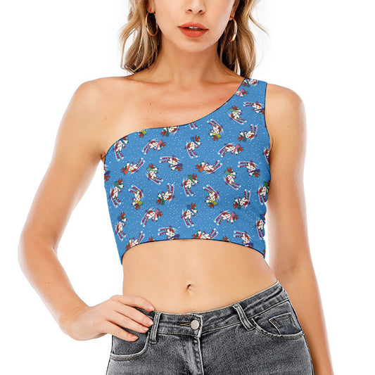 Skiing Dog Pattern Print One Shoulder Crop Top