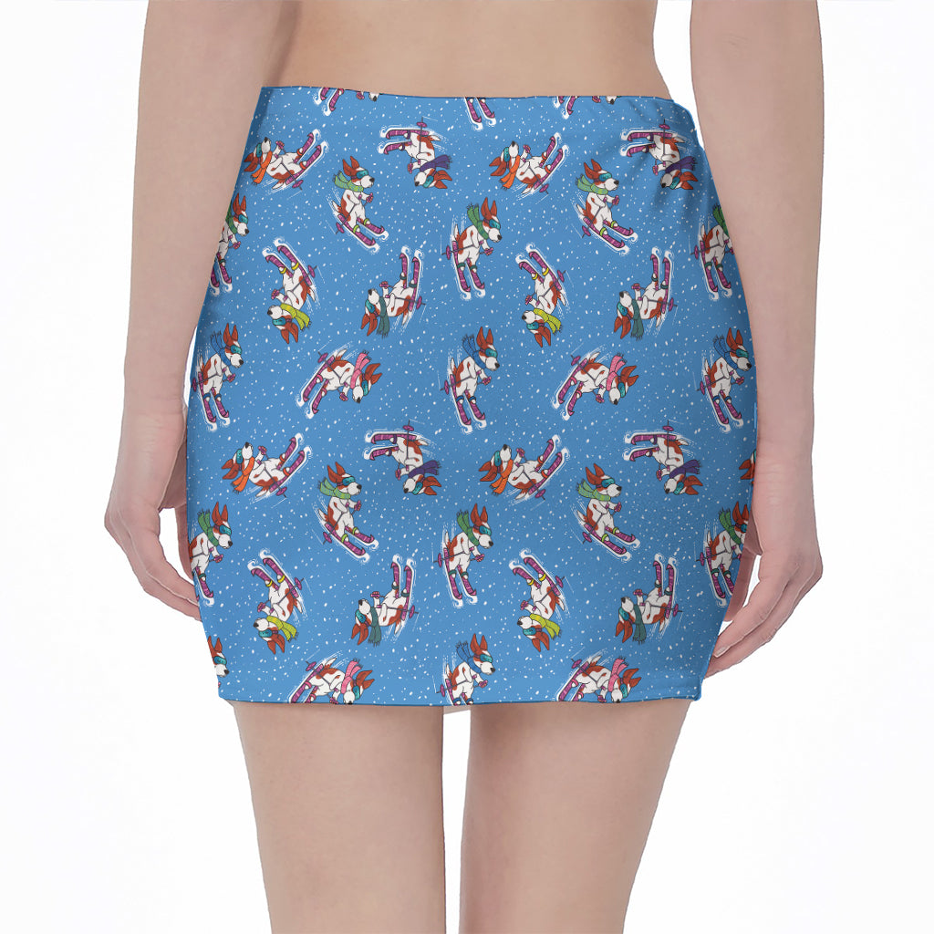 Skiing Dog Pattern Print Pencil Mini Skirt