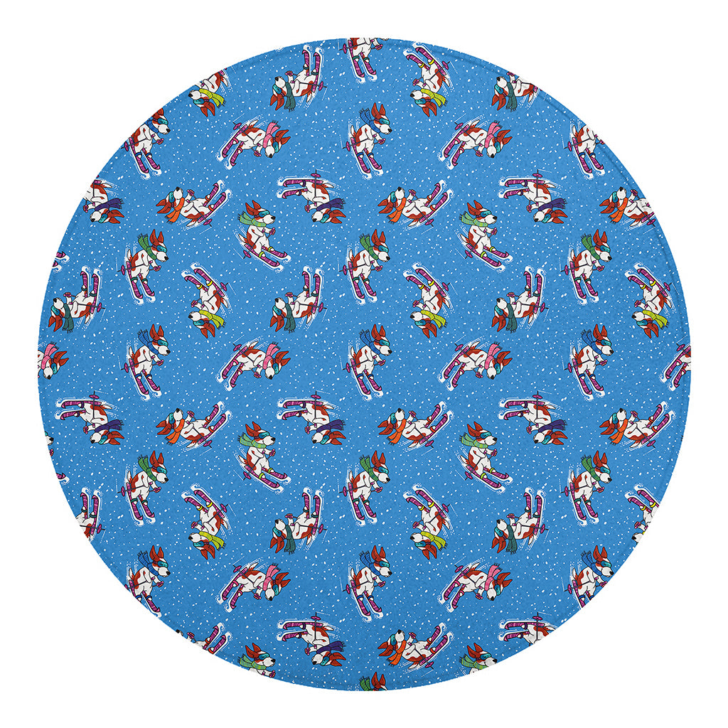 Skiing Dog Pattern Print Round Blanket